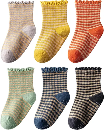 Miniatura 7 de HONGTEYA - 6 pares de calcetines con volantes para niñas, calcetines antideslizantes para bebés con agarre para niñas y niños de 1 a 2 años, 3 a 4