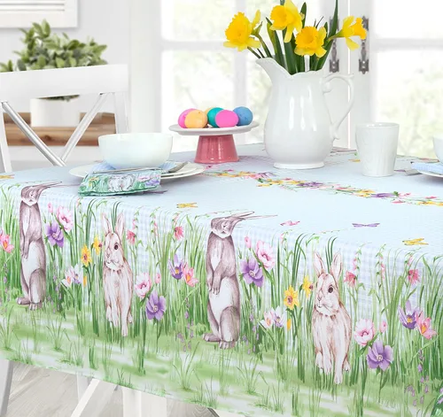 Miniatura 7 de Manteles Newbridge con diseño de Pascua, primavera, prado y conejos bordados, adorable tela de mantel con conejos y de color azul, con estampado a