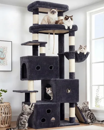 Miniatura 11 de Heybly Árbol para gatos, torre aerodinámica de 74 pulgadas para gatos grandes con condominios apilados de 3 niveles, muebles para gatos con percha