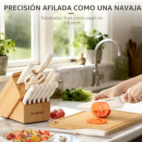 Miniatura 4 de Astercook Juego de cuchillos de cocina de 15 piezas con bloque de afilador, cuchillos alemanes de acero inoxidable con revestimiento antioxidante