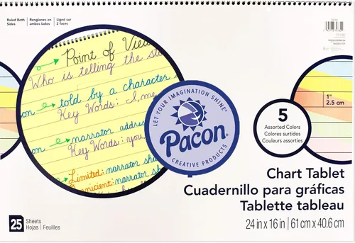 Pacon Tableta de papel de colores, cubierta cursiva, 5 colores surtidos, 1 pulgada a rayas, 24 x 16 pulgadas, 25 hojas