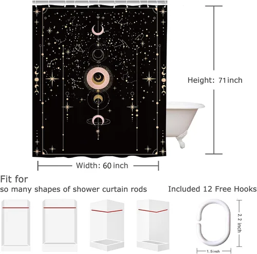 Miniatura 3 de Cortina de ducha gótica del zodiaco con fases lunares, constelación, astrología, galaxia, misteriosa, tarot, bruja, estética, 60 pulgadas de ancho