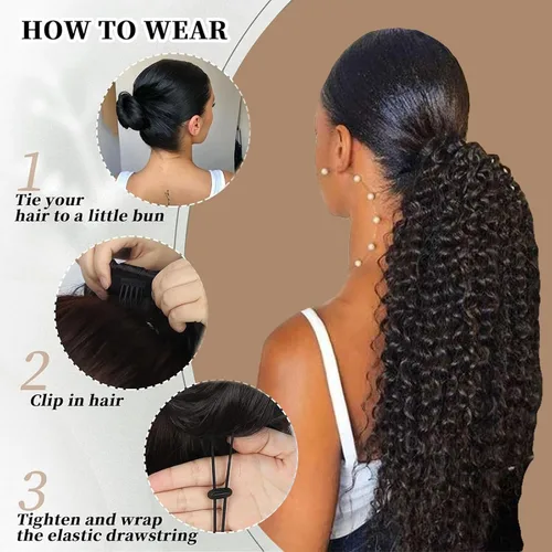 Miniatura 5 de Extensión de cola de caballo de cabello humano de 12 pulgadas con cordón rizado profundo para mujeres negras, extensión rizada 3C, color negro