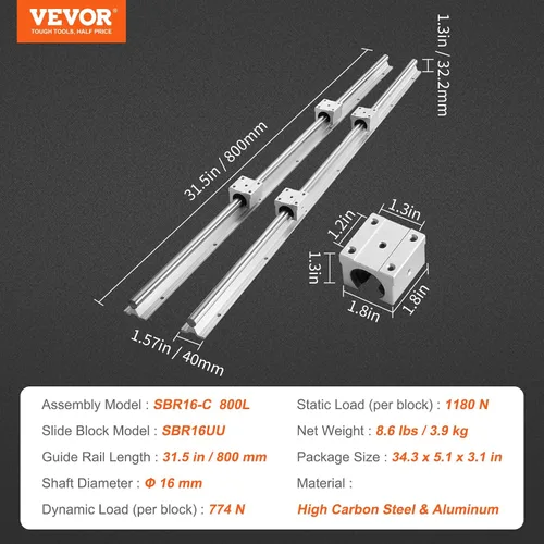 Miniatura 7 de VEVOR Riel lineal deslizante SBR16-800mm 2 piezas y 4 piezas SBR16UU Bloques deslizantes Rieles guía lineales y Kit de rodamientos para máquinas