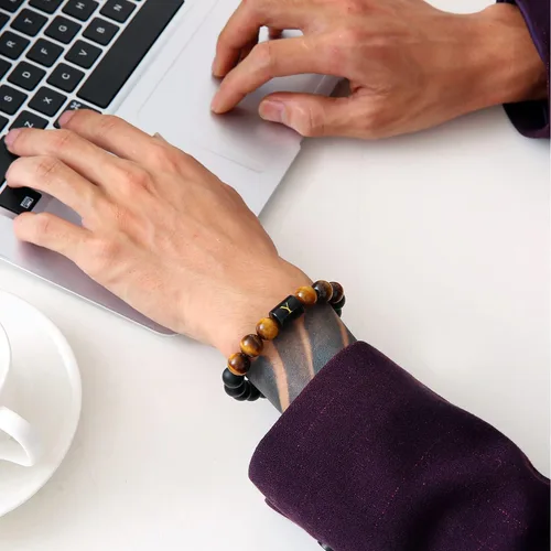 Miniatura 3 de Initial Bracelets for Men Charms Letter Mens Bracelet 10mm Natural Black Matte Agate Tiger Eye Stone Beads Braided Rope Customize Bracelet