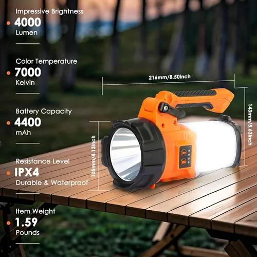 Miniatura 5 de BOBKID Linterna de campamento recargable con trípode, 6 modos, linterna LED de mano con 4000 lm, IPX4 impermeable reflector luz de trabajo
