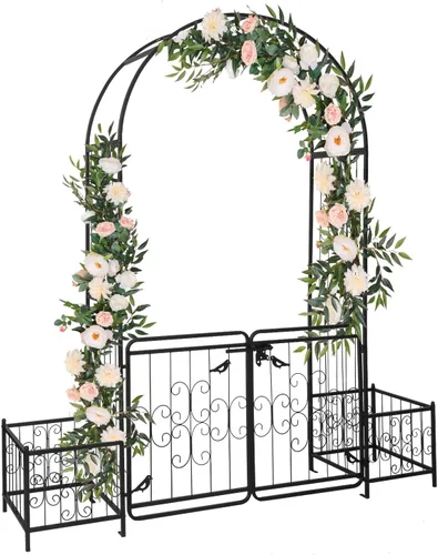 Miniatura 12 de Outvita - Arco de jardín de 7 pies con puerta de entrada, enrejado de metal resistente, marco decorativo con estacas de tierra para ceremonia