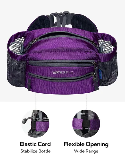 Miniatura 6 de WATERFLY Riñonera cangurera: Riñonera para mujeres y hombres con dos soportes para botellas de agua para senderismo, para correr, caminar, caminar