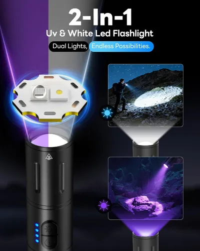 Miniatura 9 de Linterna de luz negra UV, recargable 2 en 1, linterna de luz blanca LED y luz negra de 395 nm, impermeable, zoomable, LED súper brillante