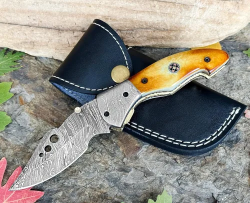 Miniatura 11 de Cuchillo de bolsillo de acero de Damasco para hombres con funda de cuero, cuchillos de caza plegables hechos a mano de 7 pulgadas, con asa, cuchillo