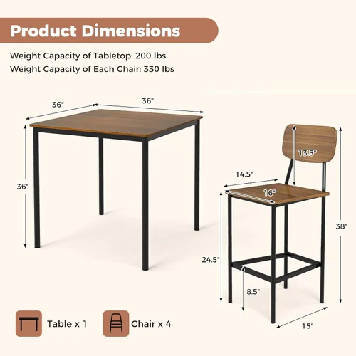 Miniatura 6 de GOFLAME Juego de mesa de comedor de 5 piezas para espacios pequeños, mesa de cocina y sillas para 4 personas con marco de acero, juego de mesa