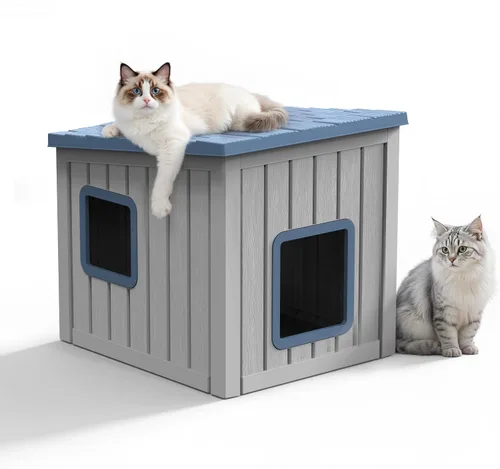 Miniatura 12 de PatioZen Cama para gatos de interior, casa en cubo, resistente a la intemperie, refugio aislado de plástico con suelo elevado, apilable