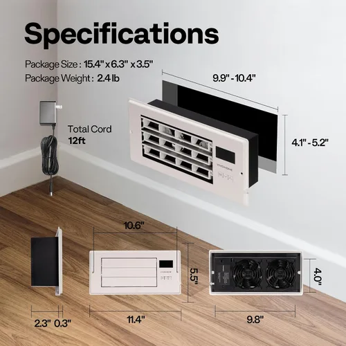 Miniatura 2 de VIVOHOME Ventilador elevador de registro de apertura de 4 x 10 pulgadas con rejilla ajustable de dirección del viento, termostato inteligente
