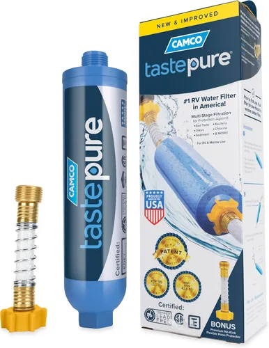 Camco Tastepure - Filtro de agua para autocaravana, filtro de agua avanzado en línea con protector de manguera flexible, filtración GAC y KDF,
