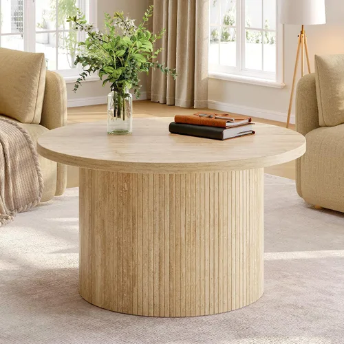Miniatura 10 de ONBRILL Mesa de centro redonda de 31.5 pulgadas, mesas de centro con diseño de tambor para sala de estar, mesa de centro de madera moderna de Negro