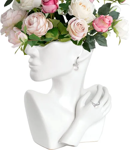 Miniatura 9 de GDYOOSHOW Jarrones faciales para flores, maceta de busto, jarrón de cerámica para exhibir joyas, color dorado, 9.84 pulgadas de alto, adecuado
