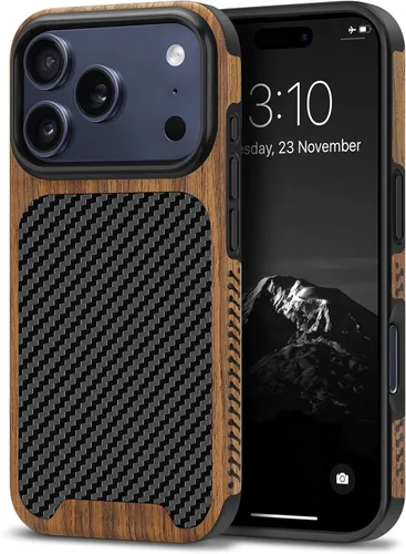 TENDLIN Compatible con iPhone 17 Pro Max Funda de madera con textura de fibra de carbono Diseño de cuero híbrido delgado (negro)