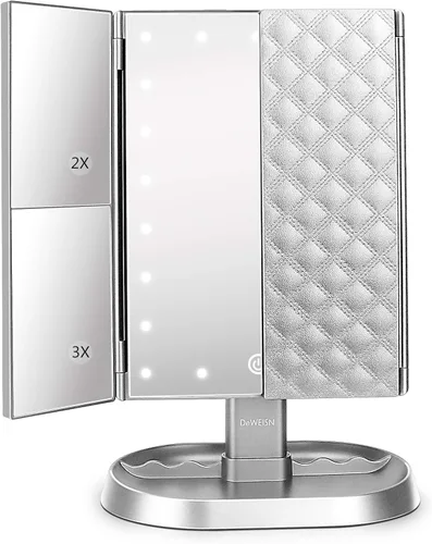 Miniatura 8 de deweisn Espejo de maquillaje con iluminación triple con 21 luces LED, aumento 1x/2x/3x y atenuación de pantalla táctil, dos fuentes de alimentación