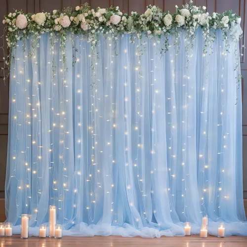 Miniatura 32 de Cortina de telón de fondo de tul azul bebé de 10 x 8 pies con cadena de luces para fiestas, cortinas de fondo transparentes para bodas, baby shower