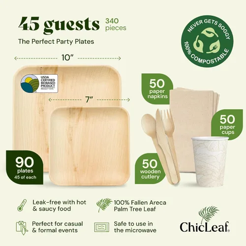 Miniatura 2 de Chic Leaf Juego de platos y tazas compostables de hoja de palmera, 10 y 7 pulgadas, paquete de 45, natural, vajilla biodegradable, platos y tazas