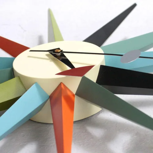Miniatura 6 de SHISEDECO Reloj moderno con forma de explosión de sol en multicolor, sin tictac, de madera, diseño retro de mediados de siglo, reloj de cuarzo