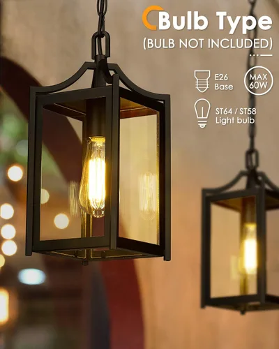 Miniatura 4 de Lámpara Colgante para Exteriores, 14" Luz Colgante Moderna Grande para Porche con Cadena Ajustable, Linterna Colgante Exterior Negra con Vidrio