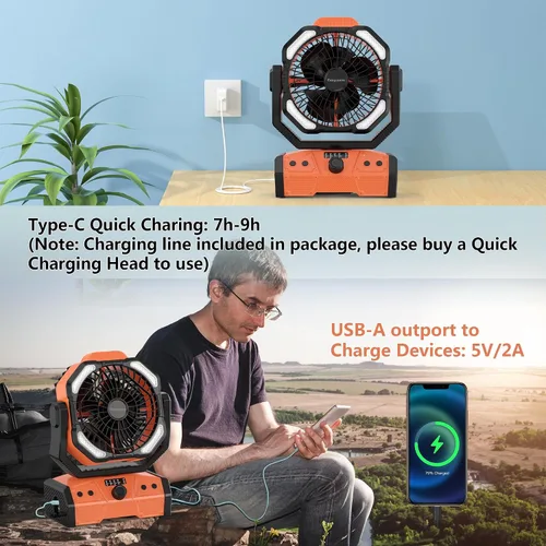 Miniatura 5 de Easywave Ventilador de camping con linterna LED: tienda de campaña de 20000 mAh recargable con batería para exteriores, ventilador oscilante