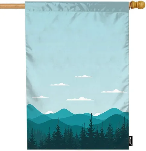 Moslion Bandera de casa de montaña, árbol, nube blanca, montañas, niebla, pino, banderas de jardín de 28 x 40 pulgadas, bandera de doble cara,
