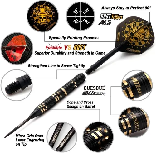 Miniatura 3 de CUESOUL Jazz-Metal - Juego de dardos de punta de acero de lujo de 0.74 oz/0.85 oz/0.92 oz con vuelos de dardos integrados AK5 King