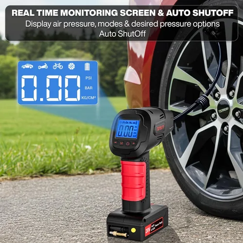 Miniatura 4 de Tonsim Inflador de neumáticos inalámbrico de 20 V, compresor de aire portátil con batería recargable, adaptador de 12 V CC, manómetro digital y luz