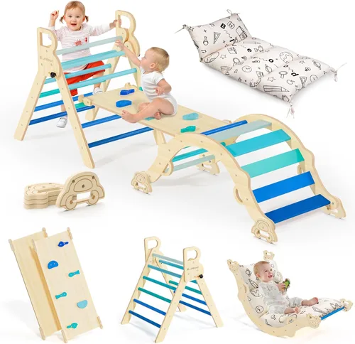 Miniatura 10 de BlueWood Set de Triángulo Pikler con Cojín, Juguetes de Escalada 8-en-1 para Niños Pequeños, Gimnasio de Juegos con Filosofía Montessori con Arco