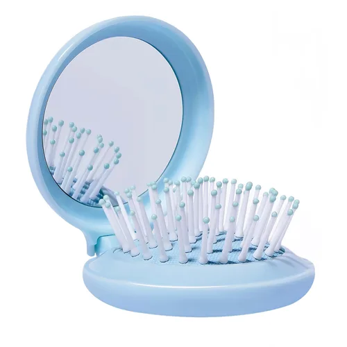 Juego de cepillo de pelo y espejo de viaje para mujeres, cepillo plegable con espejo compacto para bolso o mochila, lindo regalo azul bebé