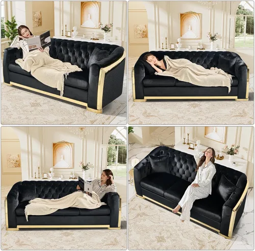Miniatura 7 de DAMAIFROM Sofá Chesterfield moderno de mediados de siglo, sofá de terciopelo de 62"+84" pulgadas, sofá de terciopelo negro y dorado, sofá curvo