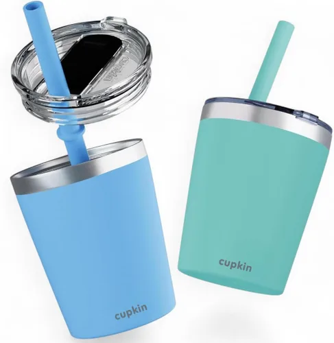Miniatura 36 de CUPKIN - Taza apilable de acero inoxidable para niños, taza de batido, tazas aisladas con recubrimiento en polvo, tapa libre de BPA y pajilla de Rosa