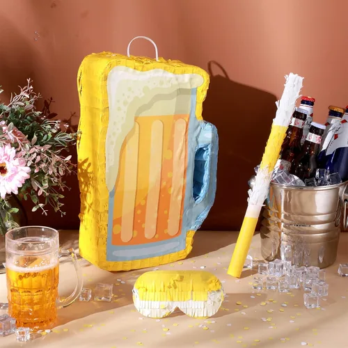 Miniatura 5 de Sratte Piñata de cerveza con palo y venda de los ojos con confeti, taza de vidrio para colgar, decoración mexicana para cumpleaños, despedida