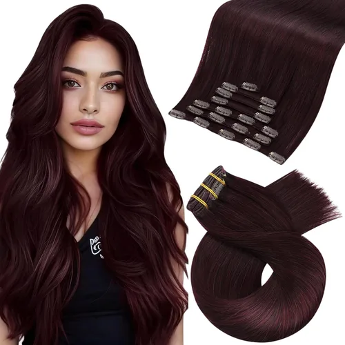 Moresoo Extensiones de cabello humano real color burdeos con clip, extensiones de cabello humano rojo oscuro con clip de doble trama, color vino