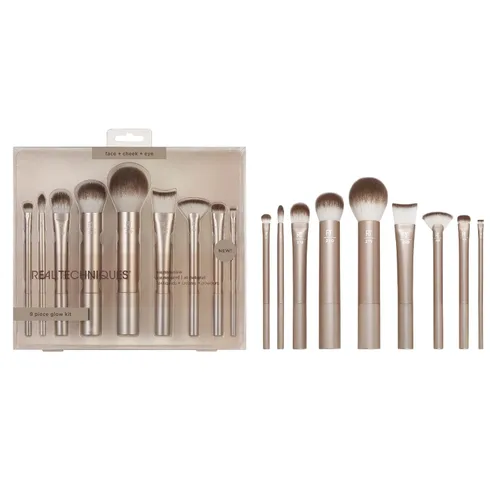 Real Techniques Juego de 9 brochas de maquillaje Au Naturale para sombra de ojos líquida, crema y polvo, base, rubor, bronceador y contorno,
