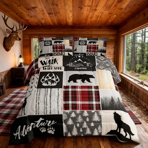 Miniatura 216 de Juego de edredón de cuernos de ciervo tamaño individual, juego de ropa de cama rústica de granja con huellas de oso y pinos para decoración