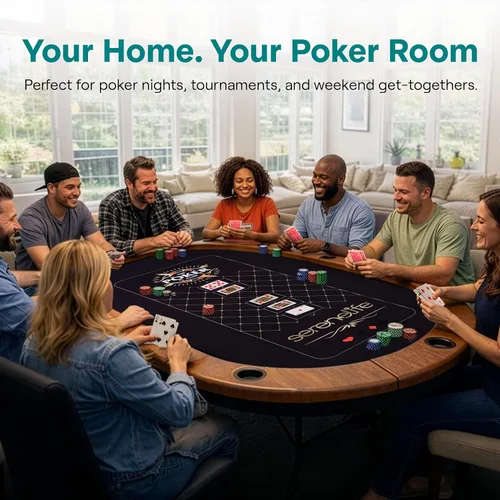 Miniatura 8 de SereneLife Player - Póker plegable ovalado, mesa Texas Holdem, con riel acolchado resistente al agua, 10 portavasos, superficie de fieltro marrón