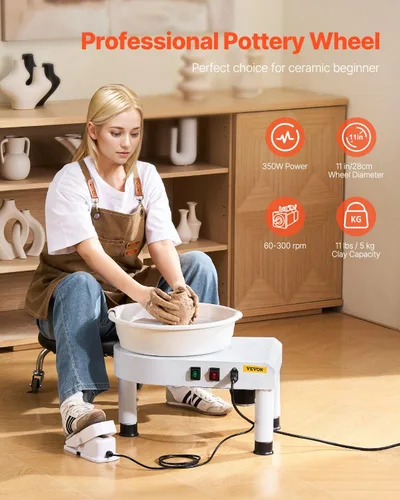 Miniatura 2 de VEVOR Rueda de cerámica para adultos, máquina formadora de ruedas de cerámica de 11 pulgadas/28cm, pierna de elevación ajustable de 0 a 6 pulgadas