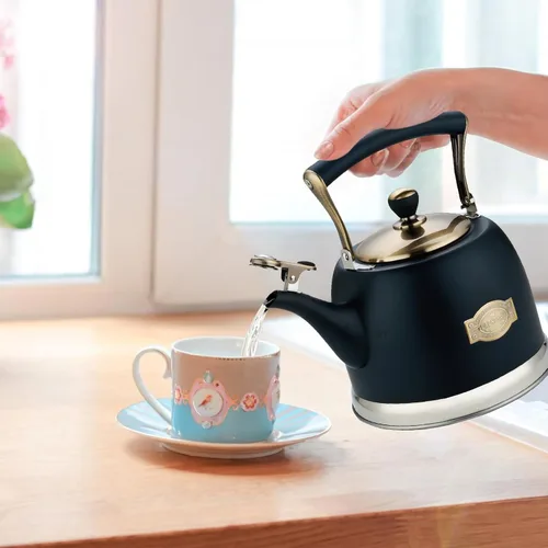 Miniatura 6 de Tetera de acero inoxidable, tetera de acero inoxidable para estufa con mango ergonómico resistente al calor, 3.0 cuartos Negro