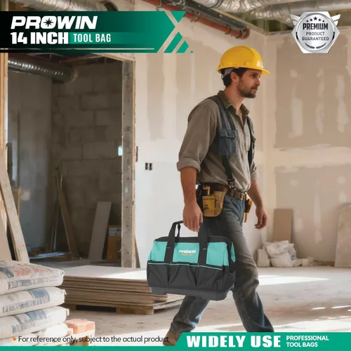 Miniatura 2 de Prowin Bolsa de herramientas de 14 pulgadas, organizador de herramientas con múltiples bolsillos con parte inferior impermeable de plástico, bolsa