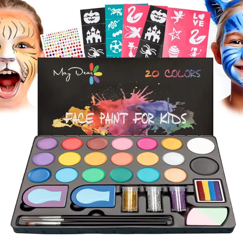 Maydear Kit de pintura facial para niños, paleta de maquillaje a base de agua de 20 colores con plantillas, purpurina, pastel dividido de arcoíris,