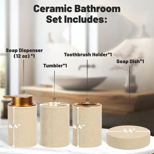 Miniatura 3 de Kukikan Juego de accesorios de baño de cerámica, 4 piezas - Incluye dispensador de jabón y loción, soporte para cepillo de dientes, bandeja