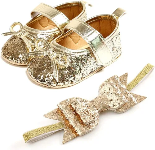 Miniatura 5 de Zapatos planos Mary Jane para bebé con diadema de lazo, vestido de princesa floral para bebé, suela suave, zapatos de cuna antideslizantes