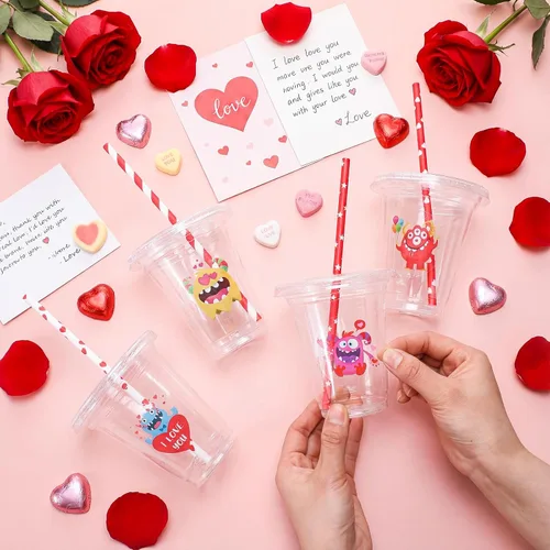 Miniatura 4 de Eaasty Juego de 20 vasos de plástico para el día de San Valentín con tapa y pajitas, 12 onzas, transparentes, desechables, tazas de monstruo de San