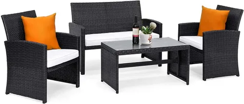 Miniatura 11 de Goplus Juego de muebles de ratán de 4 piezas, sofá de conversación de mimbre para exteriores con cojines resistentes a la intemperie y mesa de Negro