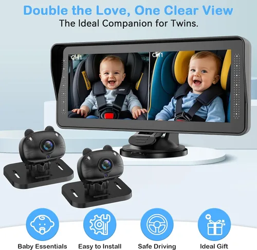 Miniatura 3 de Cámara dual de coche para bebé para 2 niños, pantalla dividida de 6.9 pulgadas, pantalla ultra ancha HD con dos cámaras, fácil configuración
