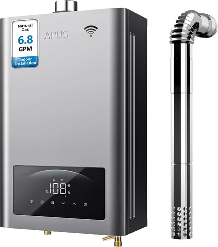 APUS Calentador de agua sin depósito de gas natural 140,000 BTU para instalación en interiores hasta 6.8 GPM, agua fría cero para agua caliente