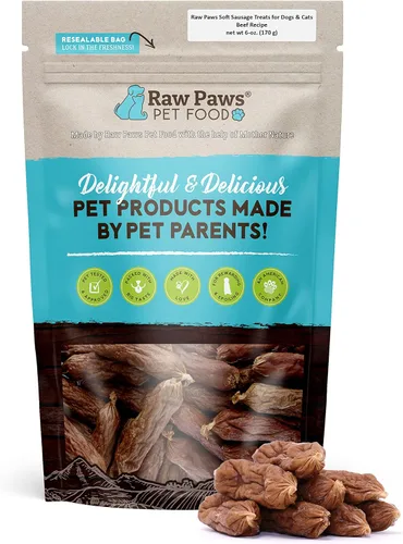 Raw Paws Golosinas de salchichas suaves sin granos para perros y gatos – Receta de carne de res, 6 onzas – Golosinas para perros con salchicha de
